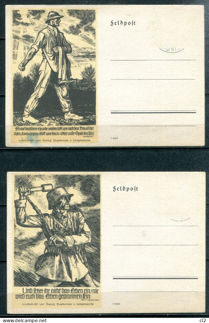 ALLEMAGNE - Lot De 3 Cartes "Feldpost" Illustrées Par Des Linogravures De Georg Sluyterman Von Langeweyde - Guerre 1939-45