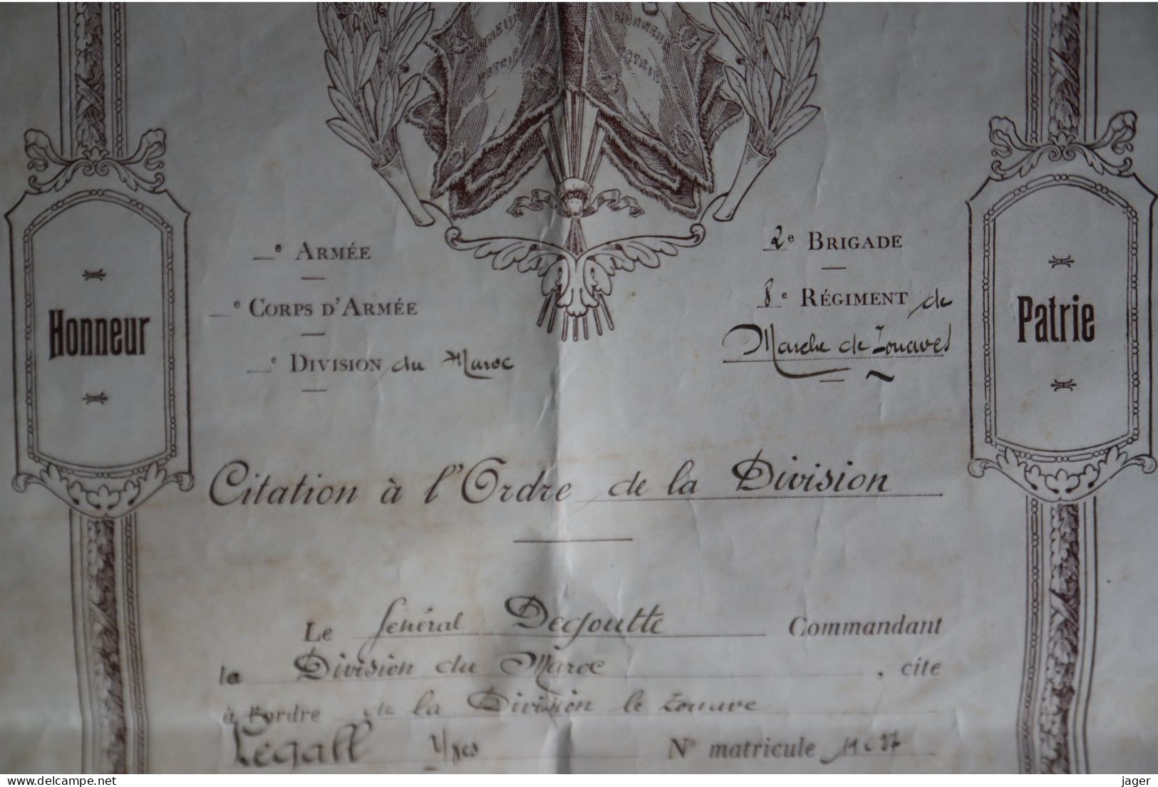 Citation 8 Eme Régiment De Marche De Zouaves Division Du Maroc Citation à L'ordre De La Division 1917 - 1914-18