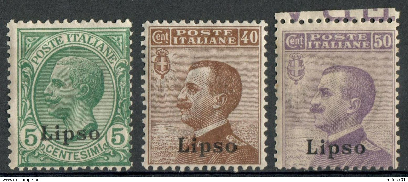 REGNO COLONIE EGEO LIPSO 1916 TRE FRANCOBOLLI C. 5 / C. 40 / C. 50 SOPRASTAMPATI 'LIPSO' NUOVI MNH ** SASSONE 2-6/7 - Egée (Lipso)