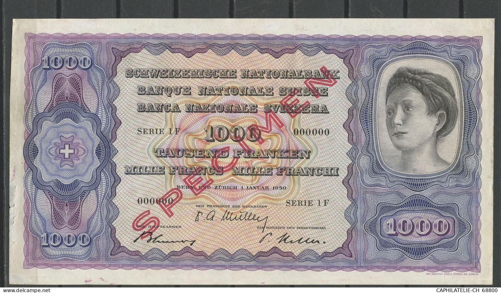 SUISSE BILLET SPECIMEN 1000 FRCH AVEC TRACE DE COLLAGE SUR CERTAINES PARTIES DU POURTOUR RARE - Svizzera