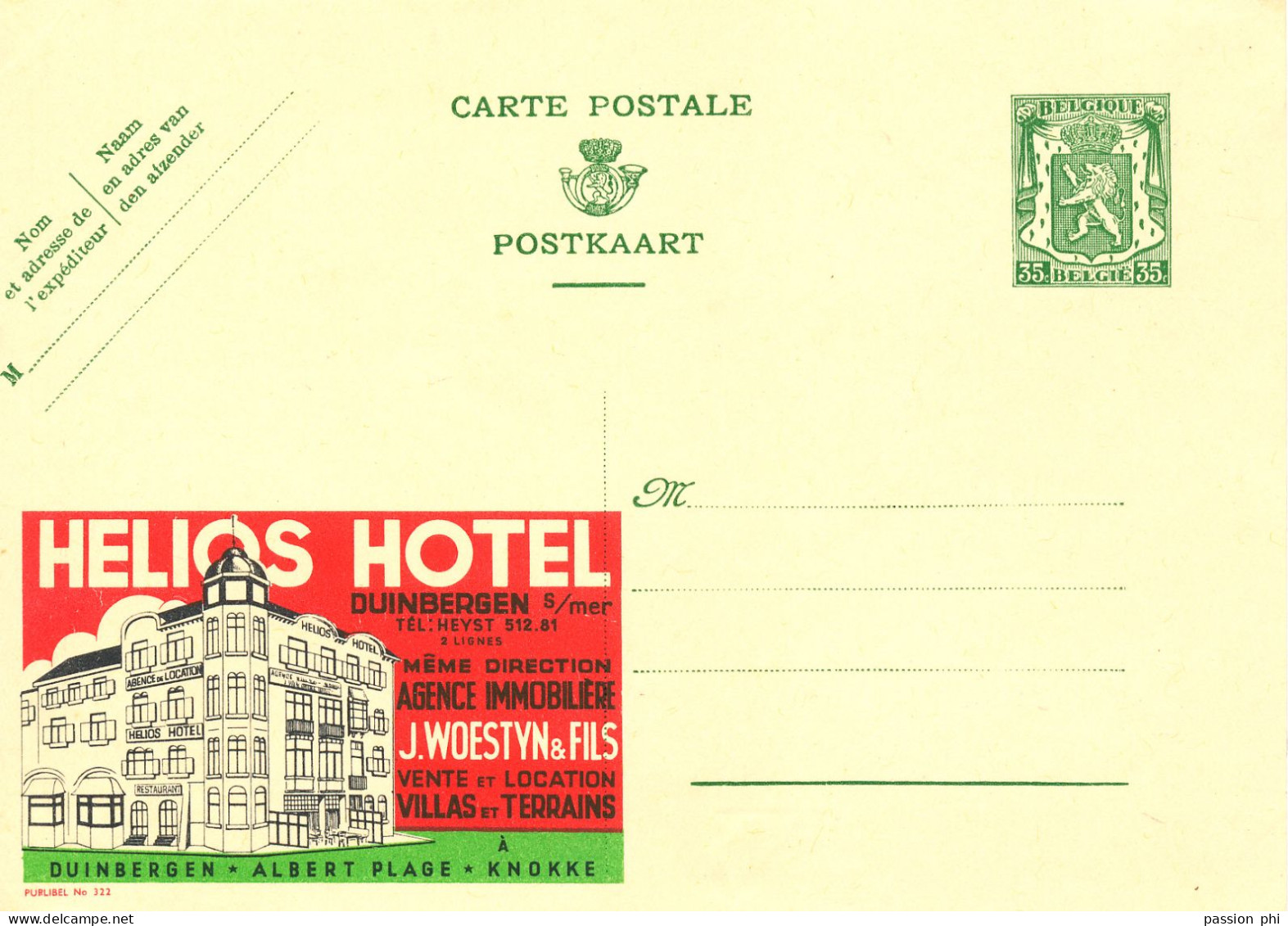 BELGIUM PPS  SBEP 6 PUBLIBEL 222 HELIOS HOTEL UNUSED - Werbepostkarten