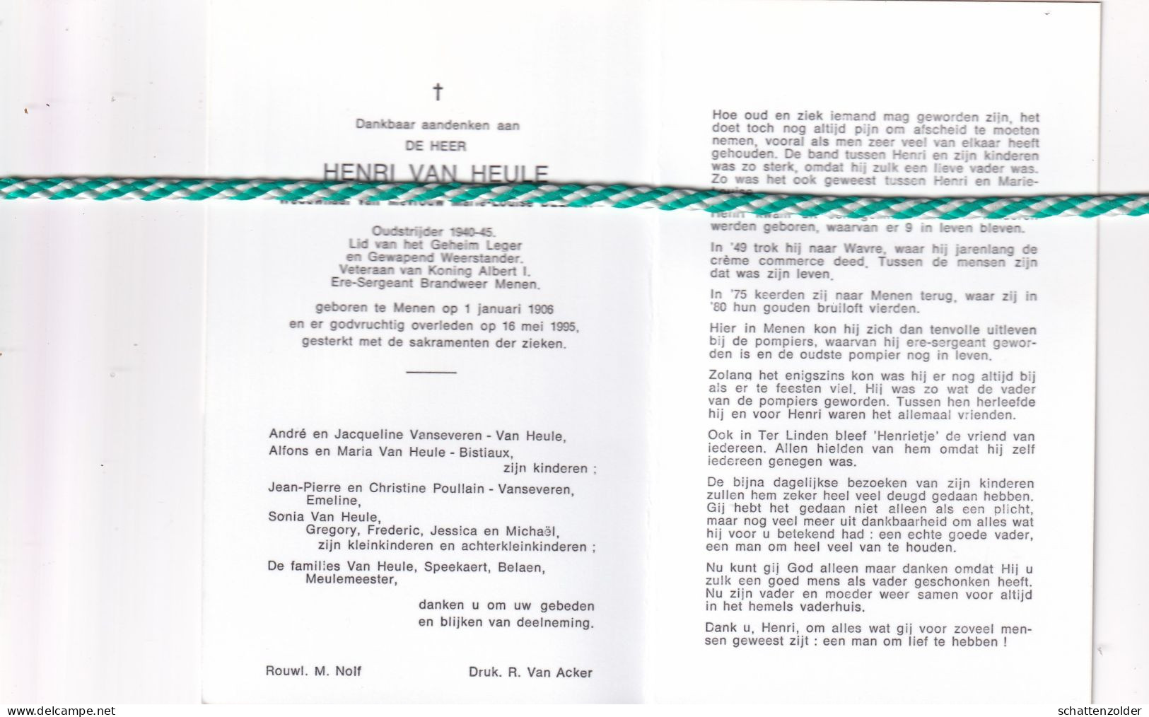 Henri Van Heule-Belaen, Menen 1906, 1995. Oud-strijder 40-45, Lid Geheim Leger. Foto Ere Sergeant Brandweer - Obituary Notices