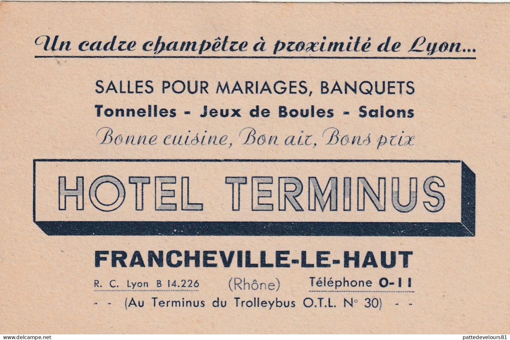 CPA Carton Publicitaire Publicité Réclame (69) FRANCHEVILLE LE HAUT Hôtel Terminus Mariages Banquets - Reclame