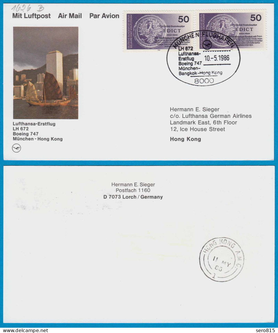 Erstflug Lufthansa LH 672 Boeing 747 München-Bangkok-Hongkong 1986   (19256 - Erst- U. Sonderflugbriefe