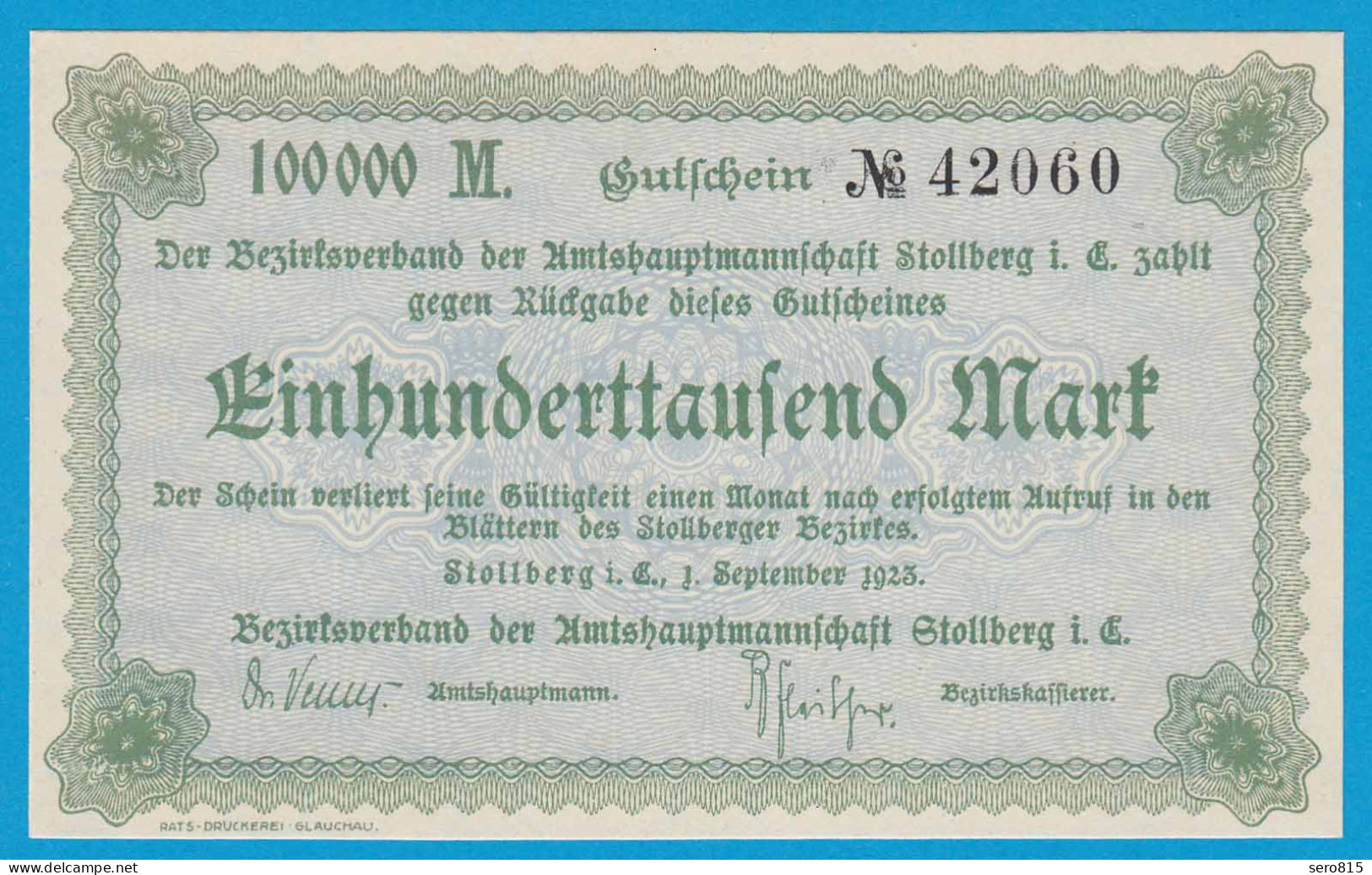 Sachsen - Stollberg 100-tausend Mark 1923 Notgeld XF     (19142 - Otros & Sin Clasificación