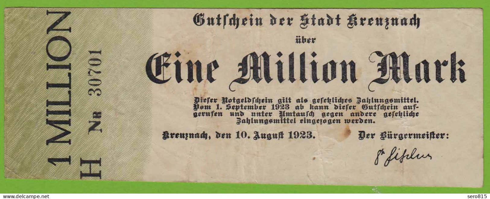 Kreuznach - 1-Million Mark 1923 Serie H Nr. 5-stellig Kl.Pägestempel F/VF - Andere & Zonder Classificatie