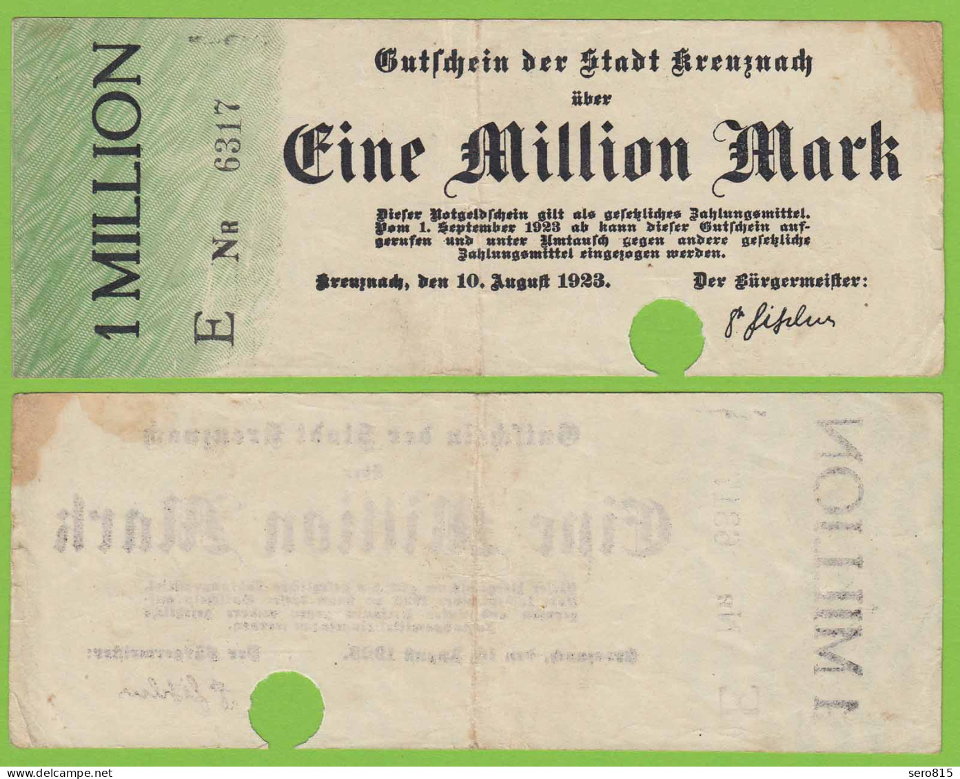 Kreuznach -  Notgeld 1-Million Mark 1923 Serie E Nr. 4-stellig F (19552 - Autres & Non Classés