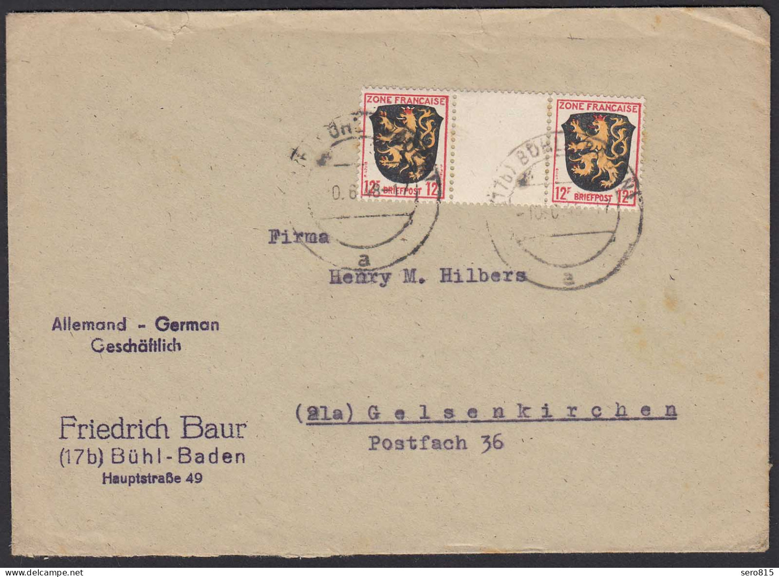 Französische Zone  Mi. Nr.6 Zwischensteg-Paar Umschlag Bühl N.Gelsenkirchen 1948 - Sonstige & Ohne Zuordnung