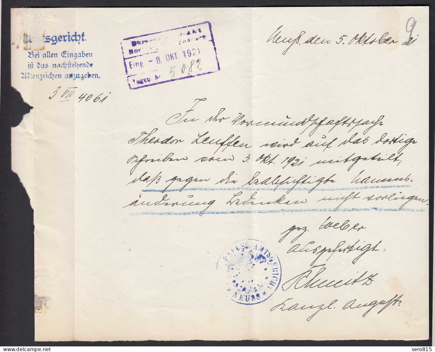 Neuss 1921 Gerichtsbrief Dienstbrief Standesamt   (21706 - Andere & Zonder Classificatie