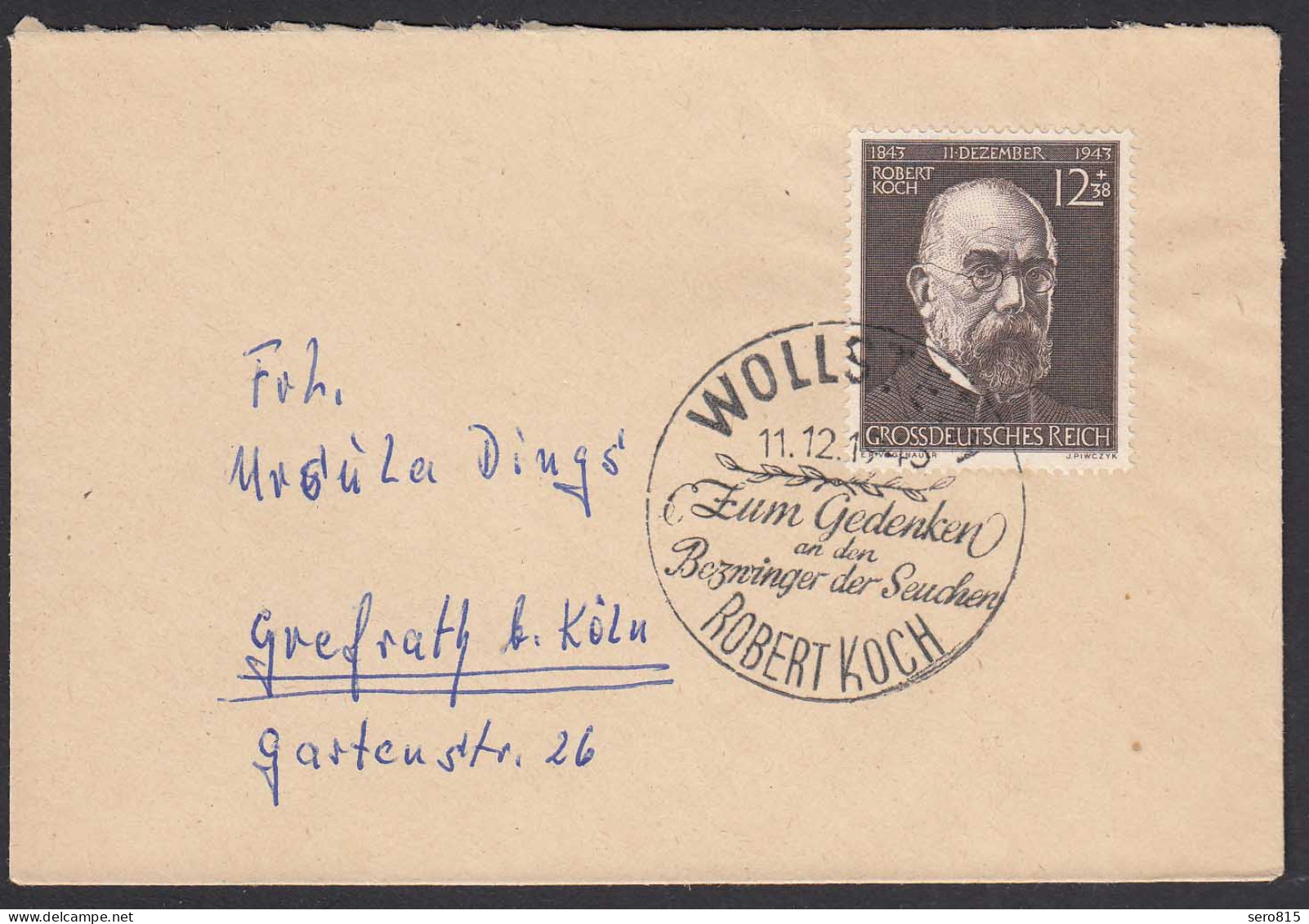3.Reich Mi. Nr.864 Robert Koch Geburtstag Umschlag SST 11.12.1943 Gedenkstempel  - Cartas & Documentos