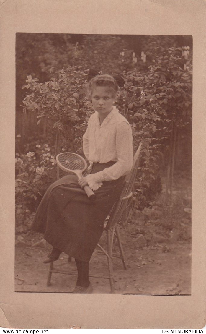 Lady Posing W Tennis Racket Old Photo Postcard Ca.1910 - Tenis