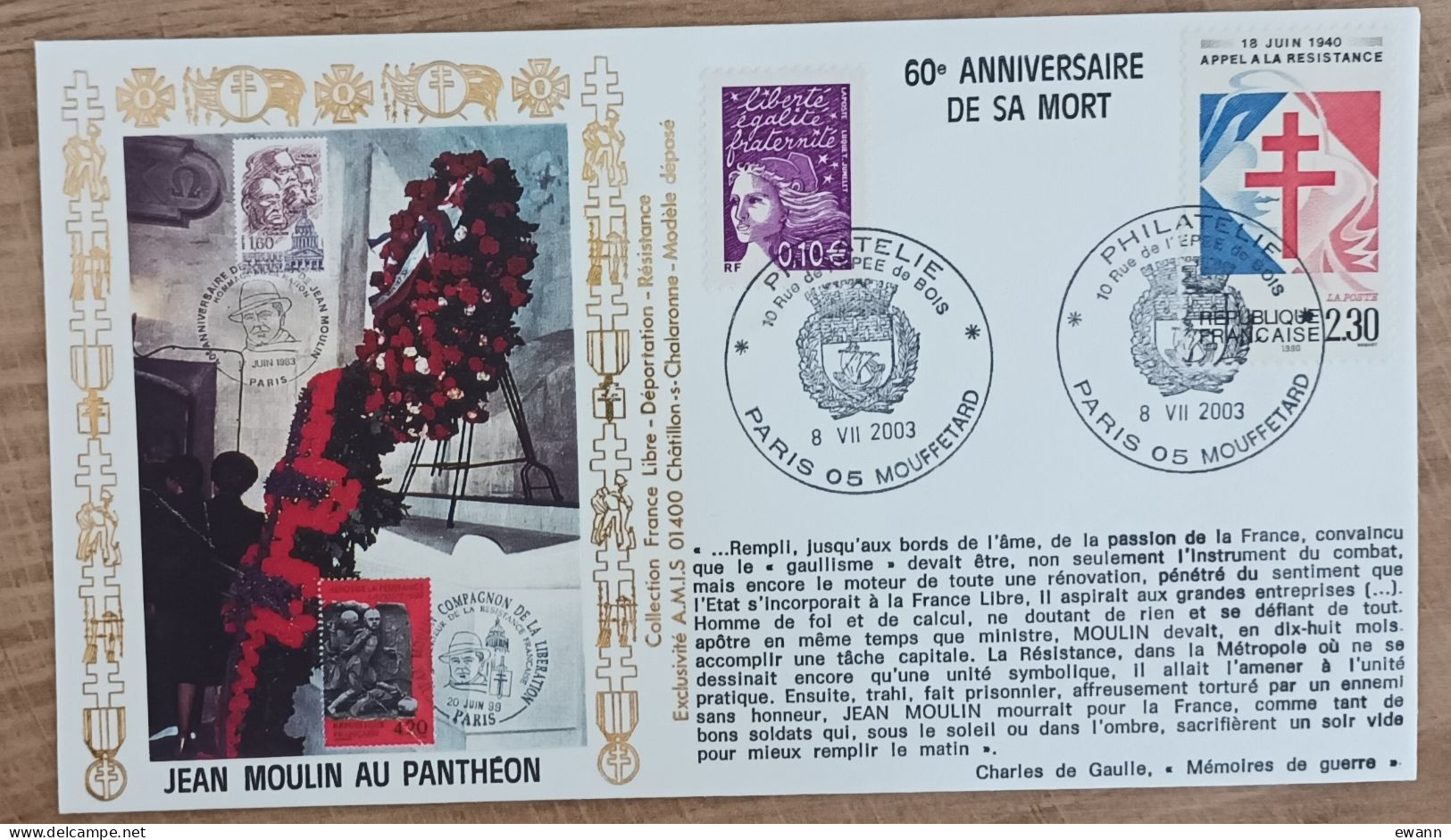 YT N°2656 - 60e ANNIVERSAIRE DE LA MORT DE JEAN MOULIN - PARIS / MOUFFETARD - 2003 - Lettres & Documents