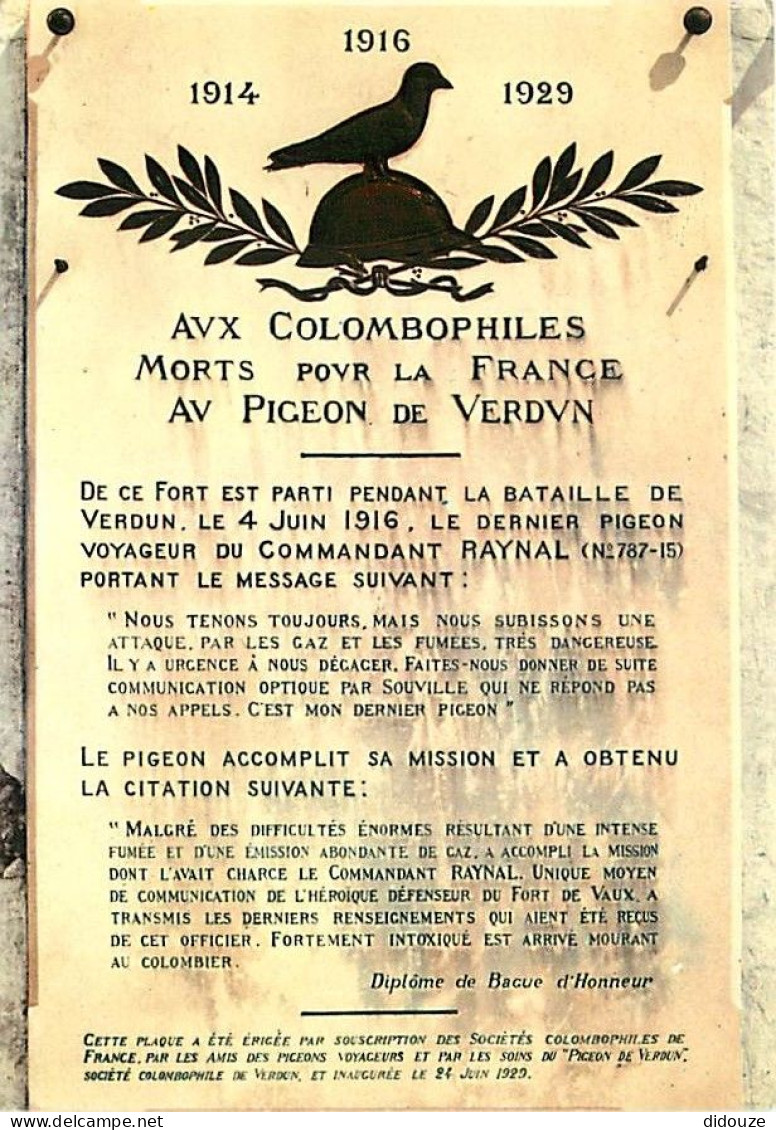 Animaux - Oiseaux - Fort De Vaux - Plaque Du Dernier Pigeon - Carte Neuve - CPM - Voir Scans Recto-Verso - Vögel