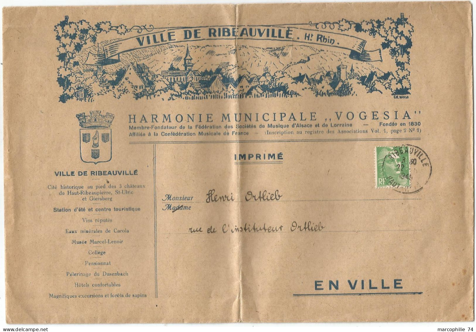 GANDON 5FR N°809 SEUL  GRANDE LETTRE ENTETE VILLE DE RIBEAUVILLE HAUT RHIN HARMONIE VOGESIA 1949 TARIF IMPRIME - 1945-54 Marianna Di Gandon