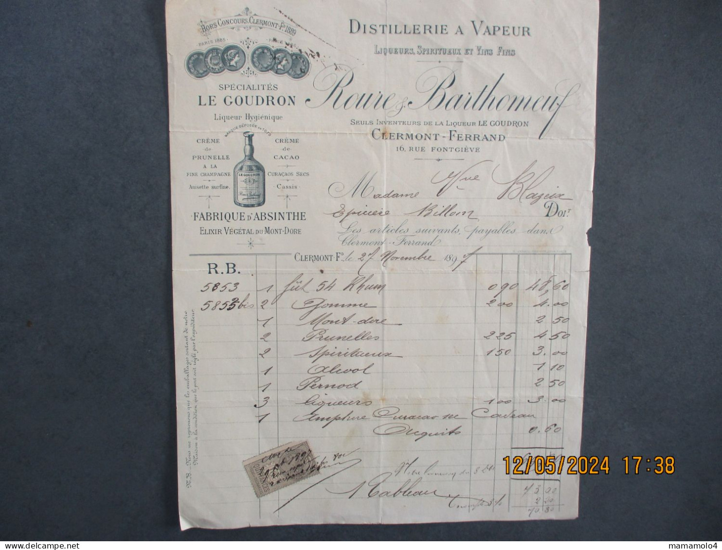 Facture  Fabrique D'absinthe "Distillerie à Vapeur" 1897 - Autres & Non Classés
