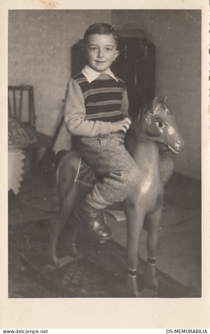 Happy Boy Riding A Rocking Horse Toy Old Photo - Giochi, Giocattoli