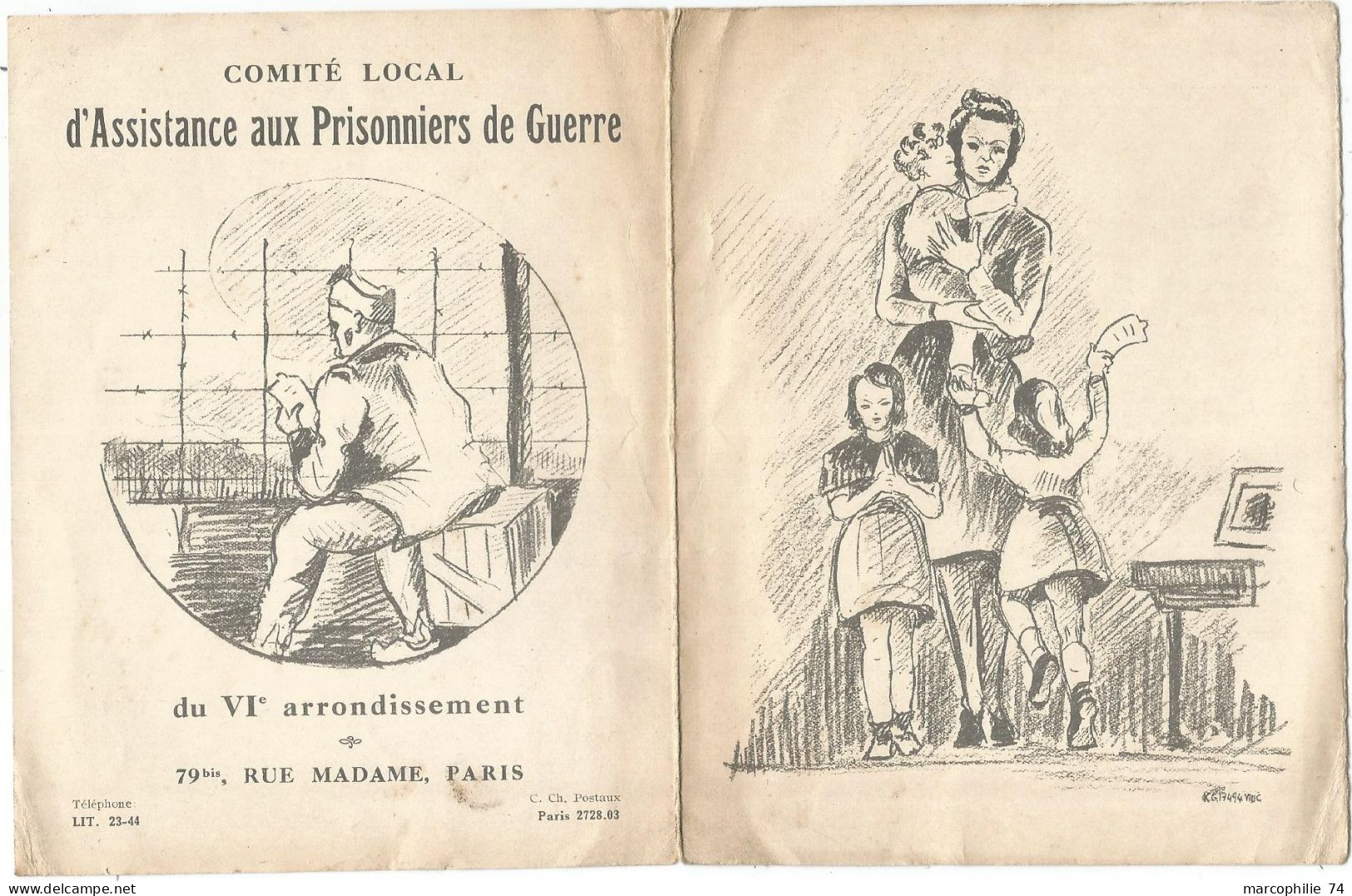 DEPLIANT 2 VOLETS COMITE CENTRAL PRISONNIER DE GUERRE DU VI ARRONDISSEMENT PARIS - WW II