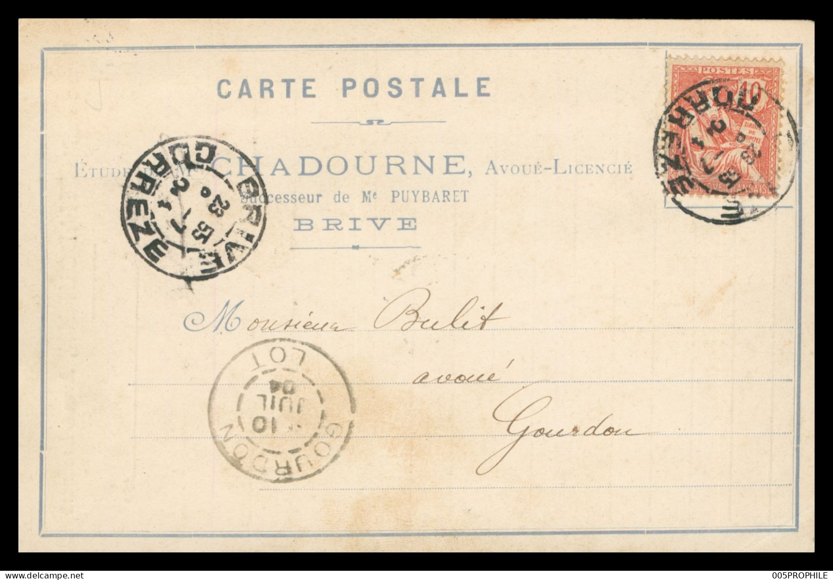 * CP SANS ILLUSTRATION * BRIVE * ETUDE CHADOURNE - AVOUE LICENCIE * SUCCESSEUR PUYBARET - 1904 - Brive La Gaillarde