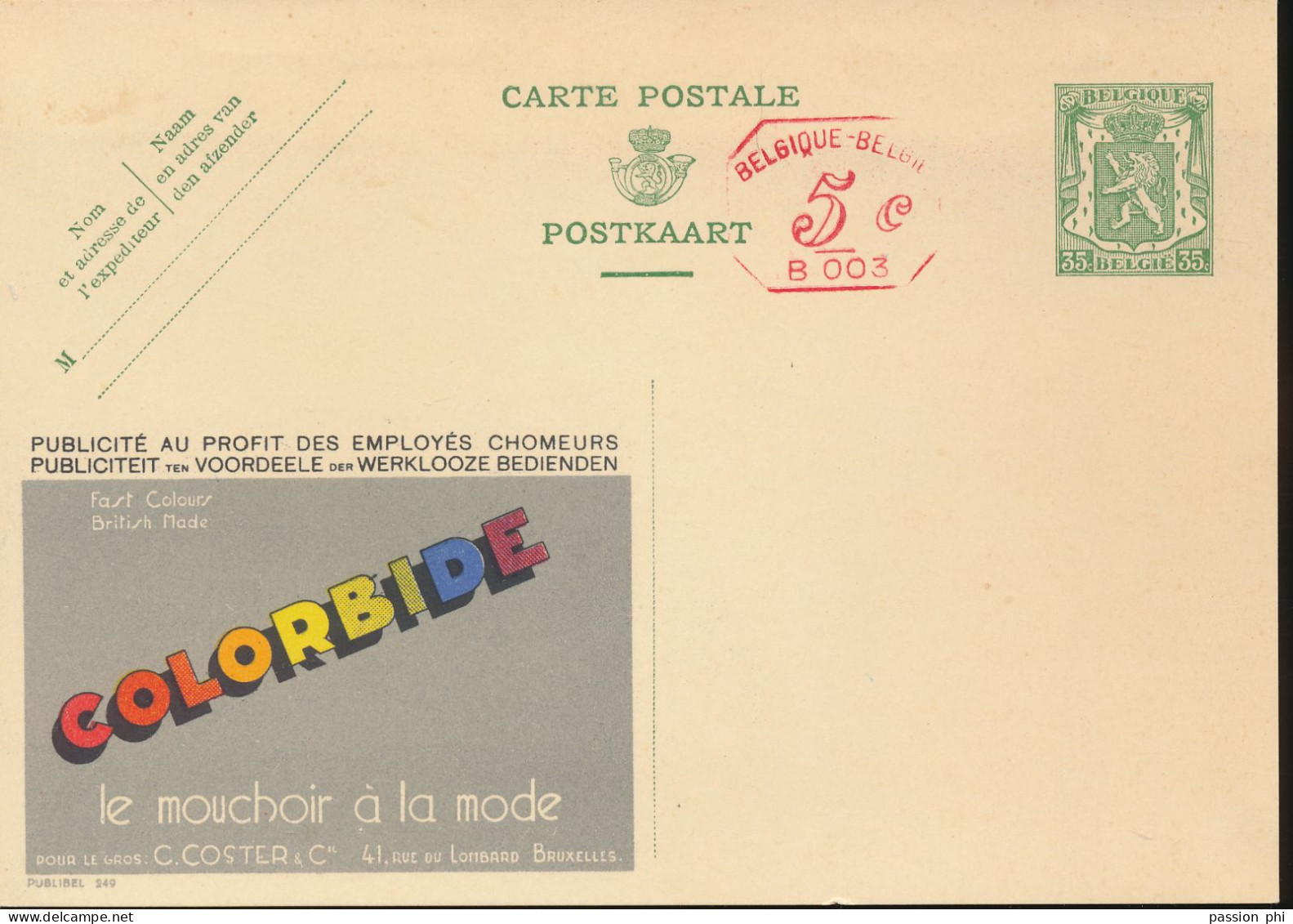 BELGIUM PPS  SBEP 6 PUBLIBEL 249 P010 COLORBIDE UNUSED - Publibels