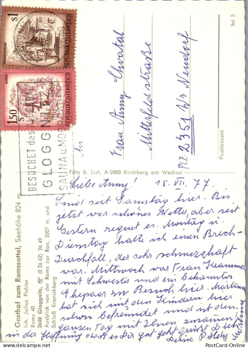 51953 - Niederösterreich - Gloggnitz , Gasthof Zum Ramssattel , Inh. Julius Pichler - Gelaufen 1977 - Neunkirchen