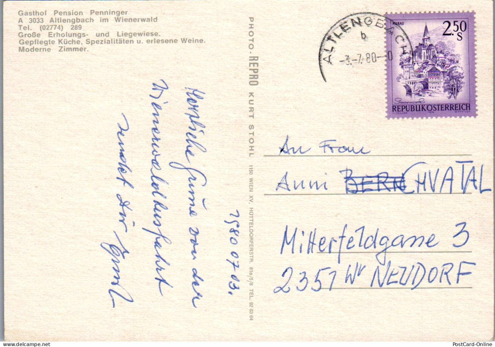 51952 - Niederösterreich - Altlengbach , Gasthof Pension Penninger , Wienerwald - Gelaufen 1980 - St. Pölten
