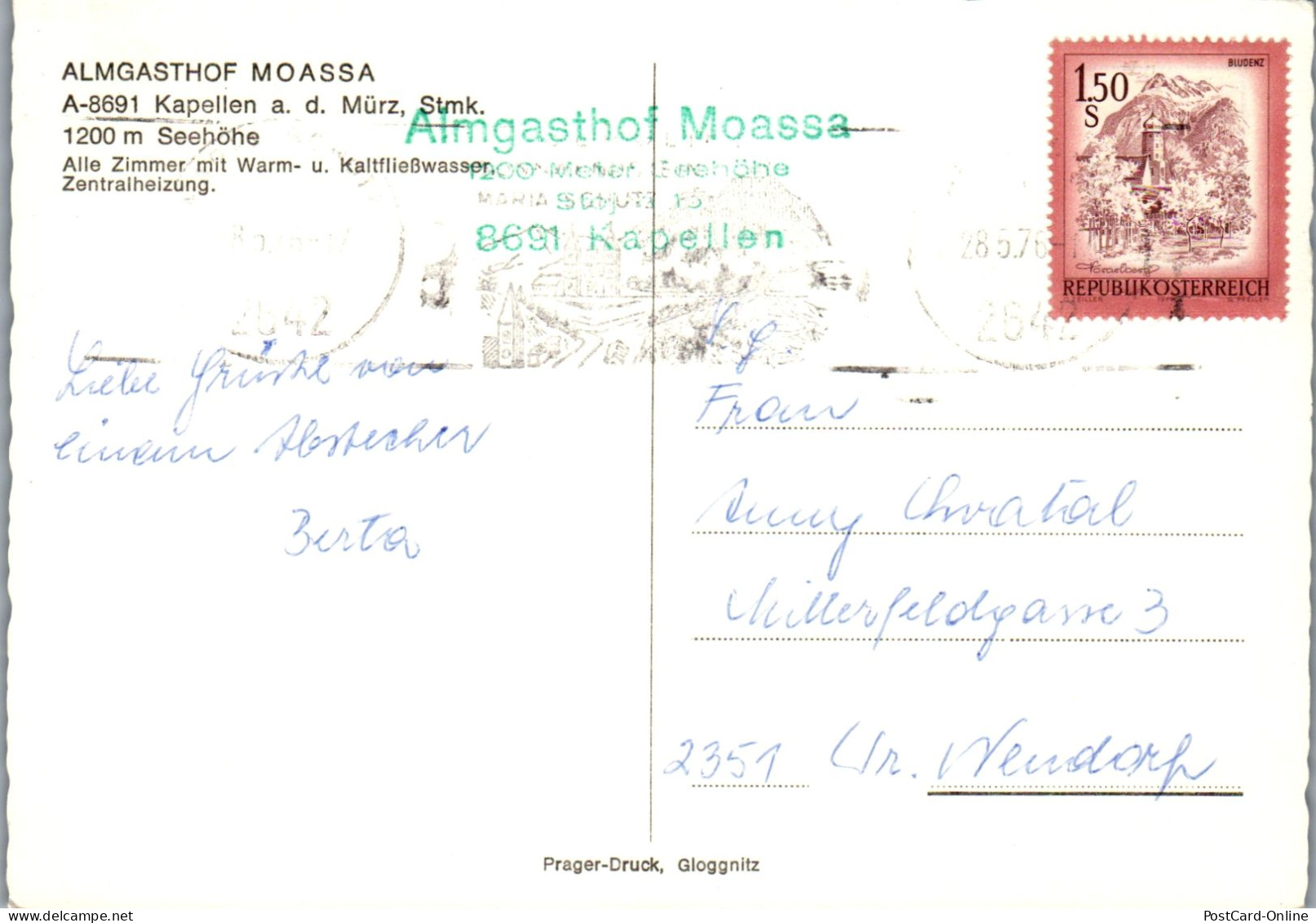 51948 - Steiermark - Kapellen , A. D. Mürz , Gasthof Moassa - Gelaufen 1976 - Mürzzuschlag