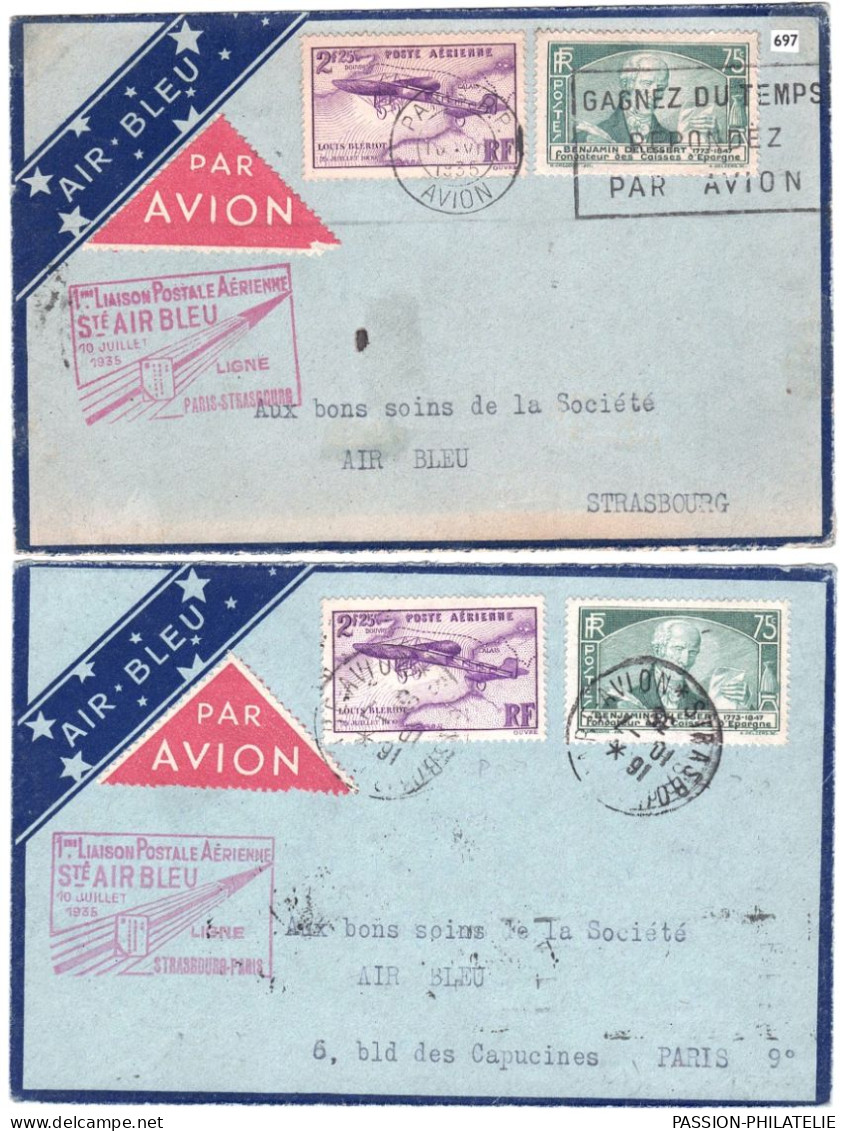 2 LETTRES VOL INAUGURAL 1er JOUR LIGNE AIR BLEU PARIS-STRASBOURG ALLER-RETOUR 10.07.1935 PA POSTE AERIENNE - Primi Voli