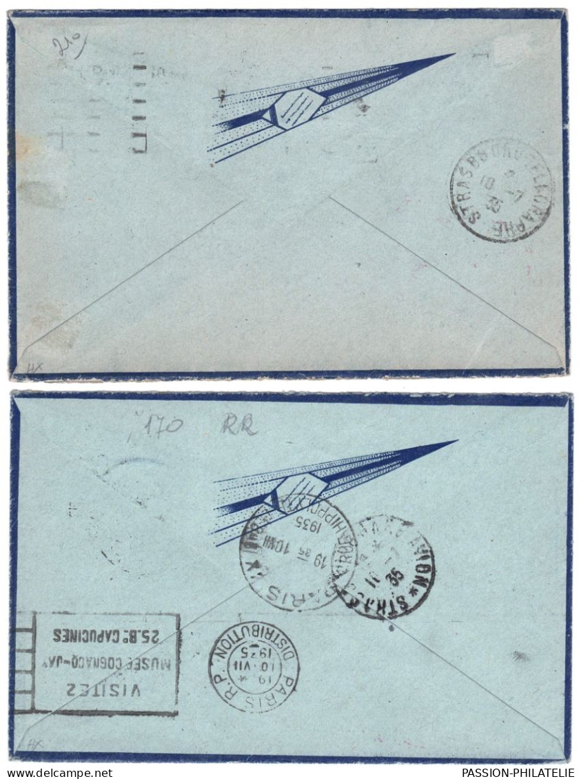 2 LETTRES VOL INAUGURAL 1er JOUR LIGNE AIR BLEU PARIS-STRASBOURG ALLER-RETOUR 10.07.1935 PA POSTE AERIENNE - Erst- U. Sonderflugbriefe