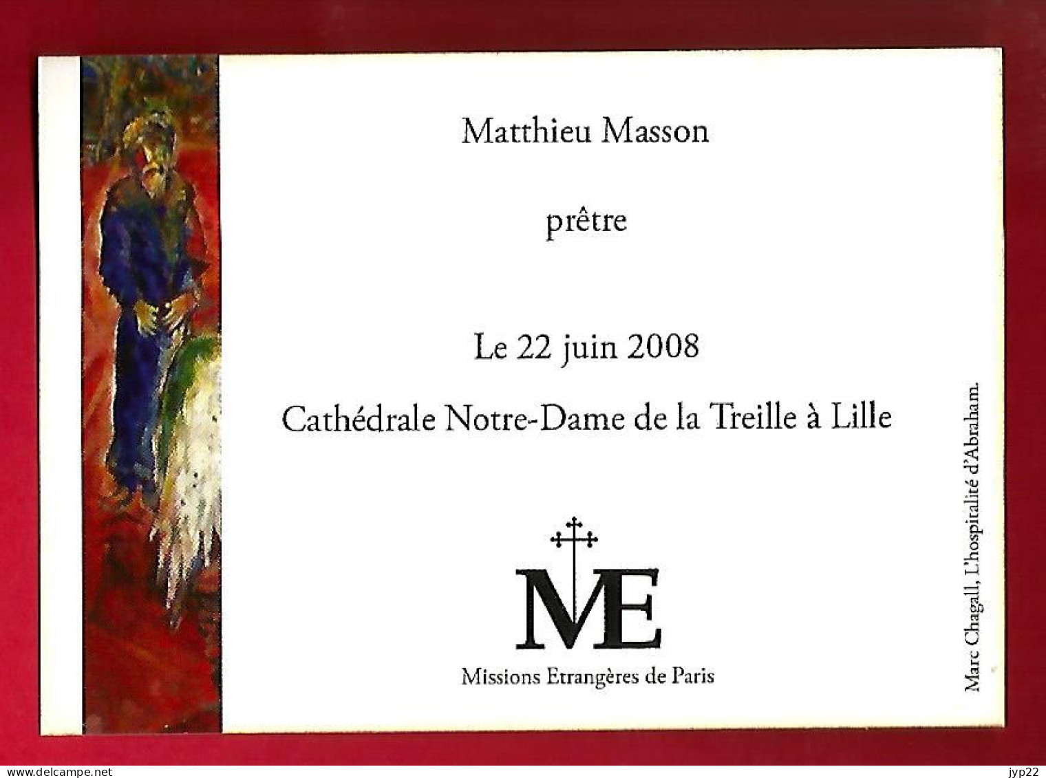 Image Pieuse Marc Chagall L'hospitalité D' Abraham - Matthieu Masson Prêtre Notre Dame De La Treille Lille 22-06-2008 - Devotion Images