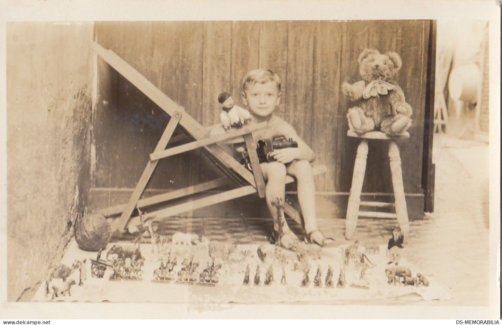 Boy Posing W Many Toys Teddy Bear Doll Charlie Chaplin Old Photo Postcard 1920ws - Spielzeug & Spiele