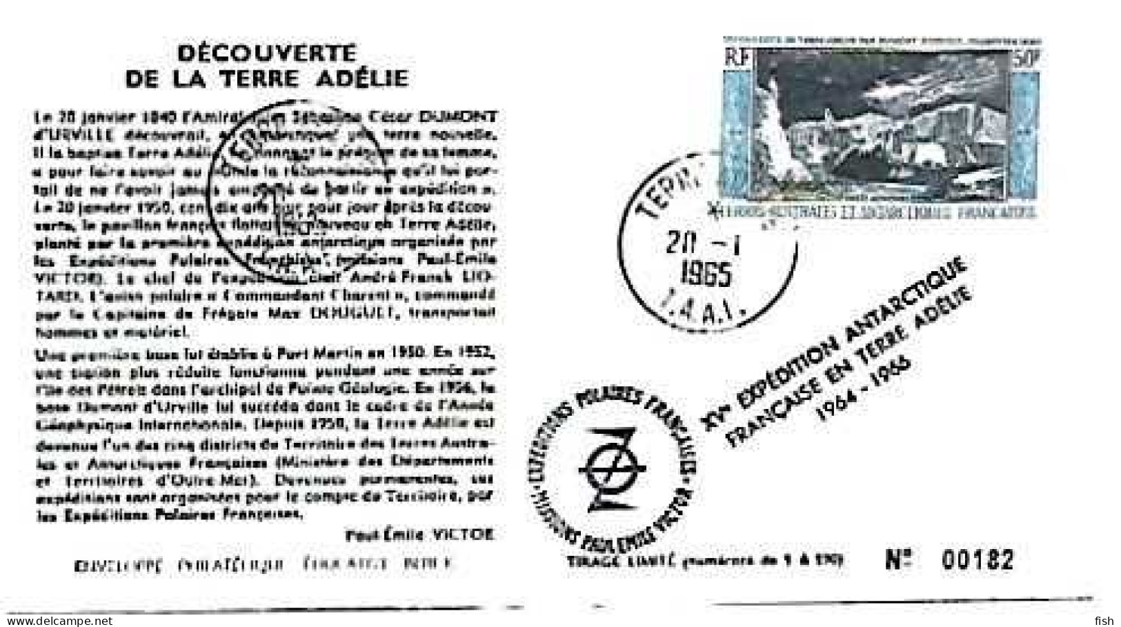 France & FDC XV Expéditions Polaires Françaises Terre Adélie 1965 (68768) - Geografía