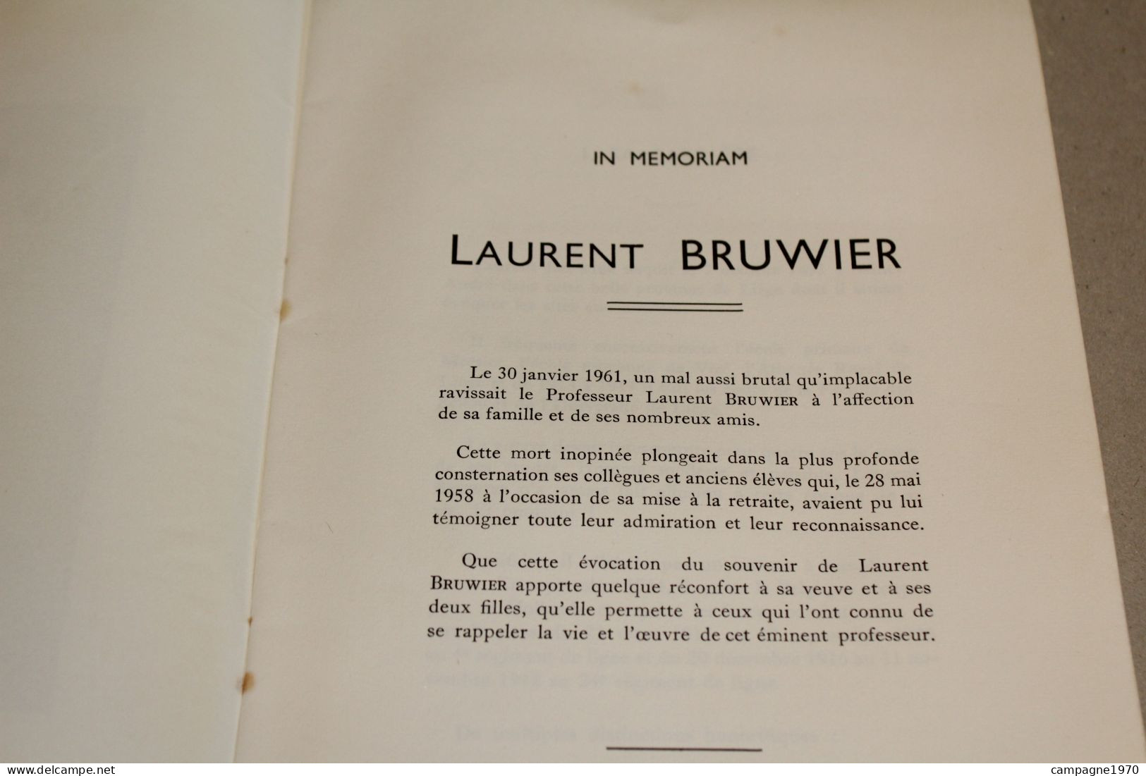 ANCIEN LIVRET - IN MEMORIAM - PROF. LAURENT BRUWIER - FACULTE POLYTECHNIQUE MONS ( 1961 ) - Documents Historiques