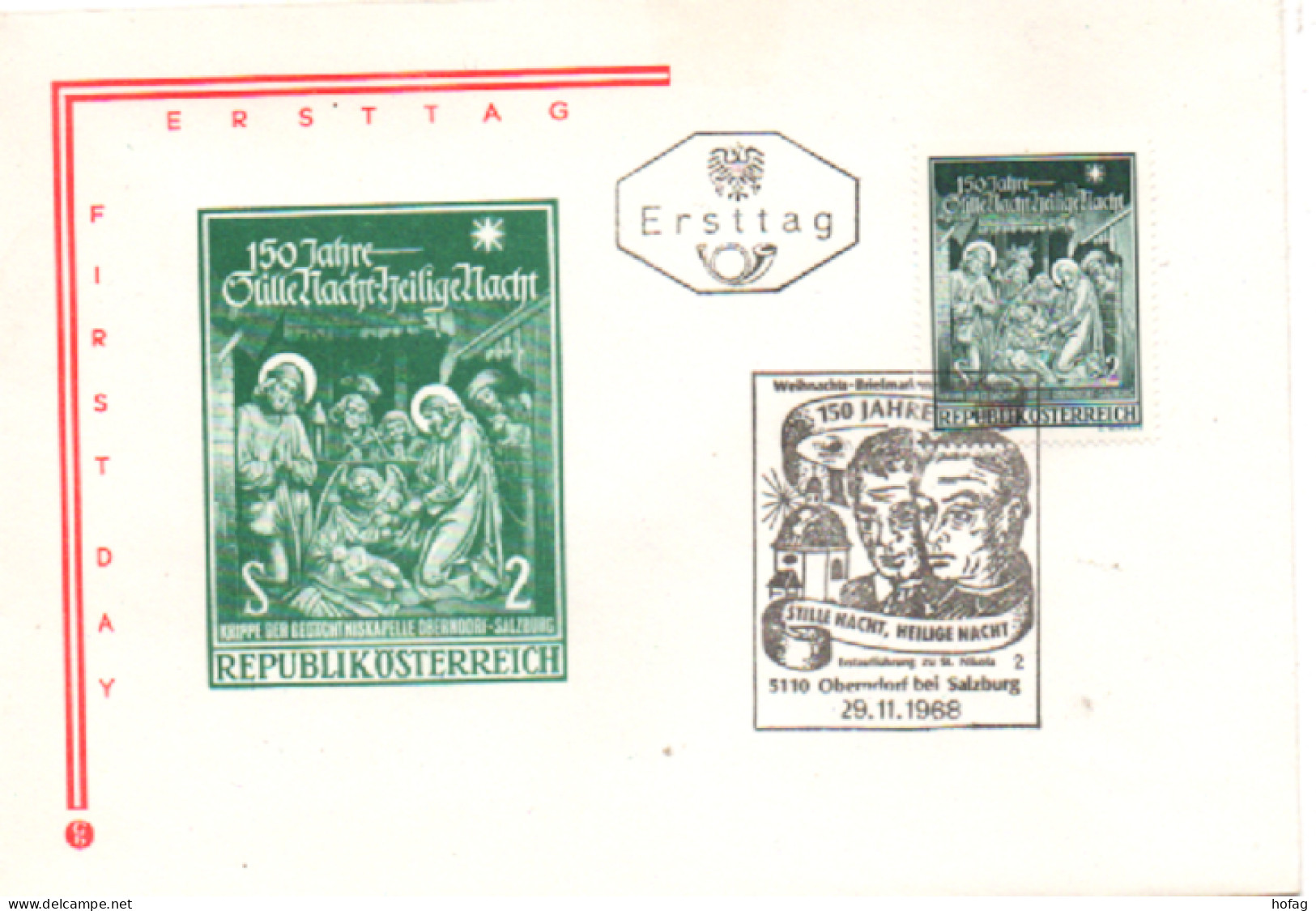 Österreich 1968 MiNr.: 1276 Weihnachten Ersttag Oberndorf Stille Nacht; Austria FDC  Scott: 823 YT: 1107 Sg: 1535 - FDC