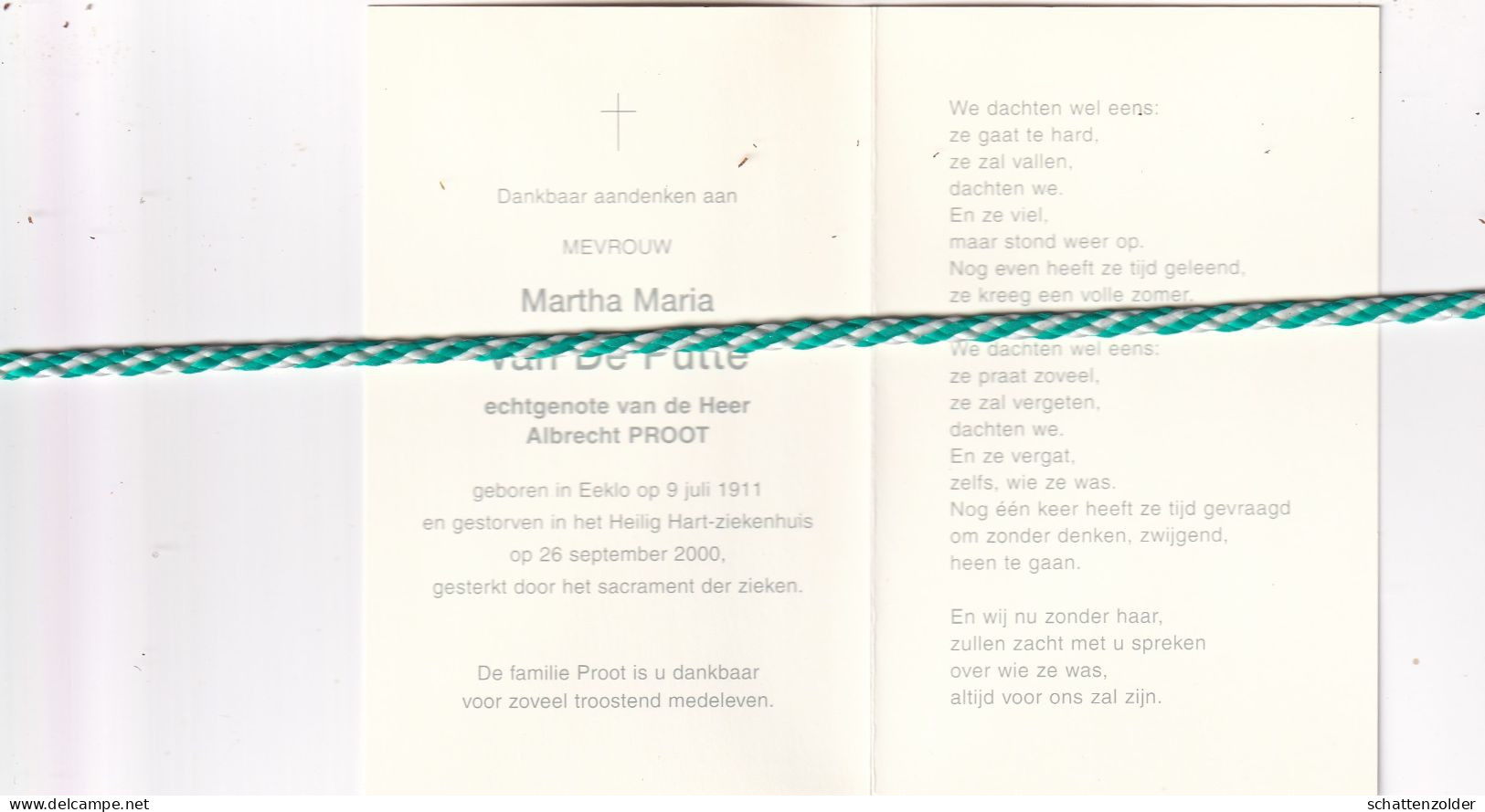 Martha Maria Van De Putte-Proot, Eeklo 1911, 2000. Foto - Obituary Notices