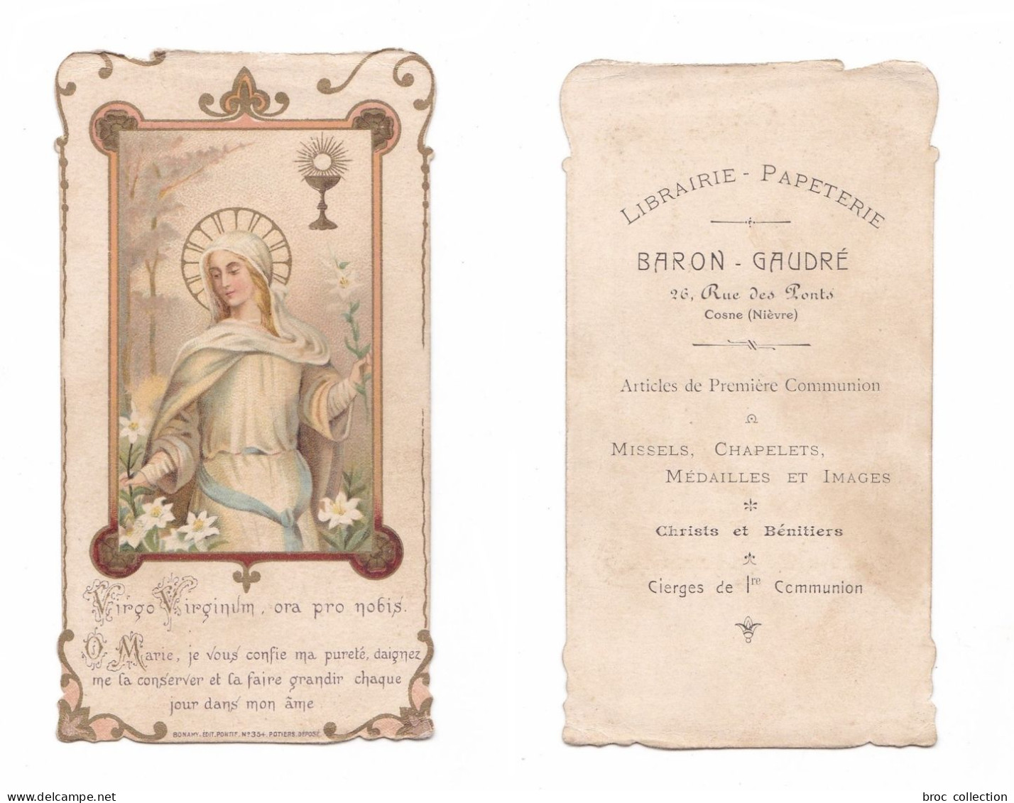 Carte De Visite Librairie Papèterie Baron-Gaudré, Cosne-sur-Loire, Articles Religieux, Vierge Marie, éd. Bonamy 354 - Images Religieuses