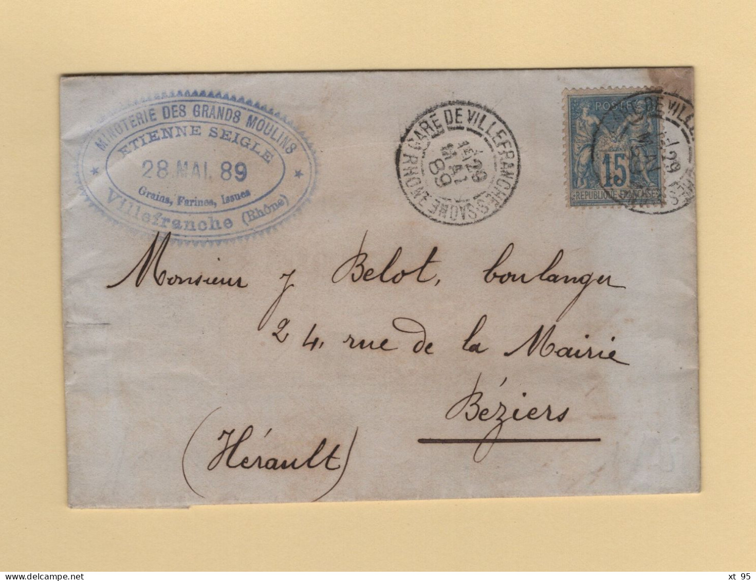 Facture Illustree - Villefranche - Minoterie Des Grands Moulins - 1889 - Type Sage - Gare De Villefranche - Rhone - 1877-1920: Semi-moderne Periode