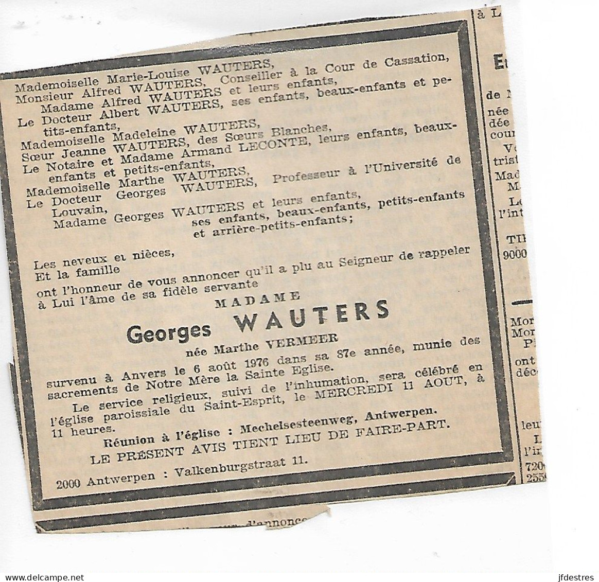 FP Nécrologie Marthe Vermeer épse Georges Wauters Anvers 1976 - Obituary Notices