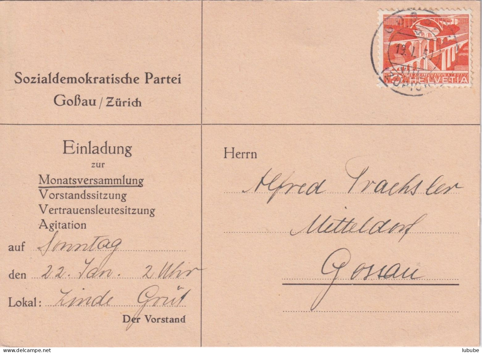 Drucksache  "Sozialdemokratische Partei, Gossau ZH"         1950 - Storia Postale