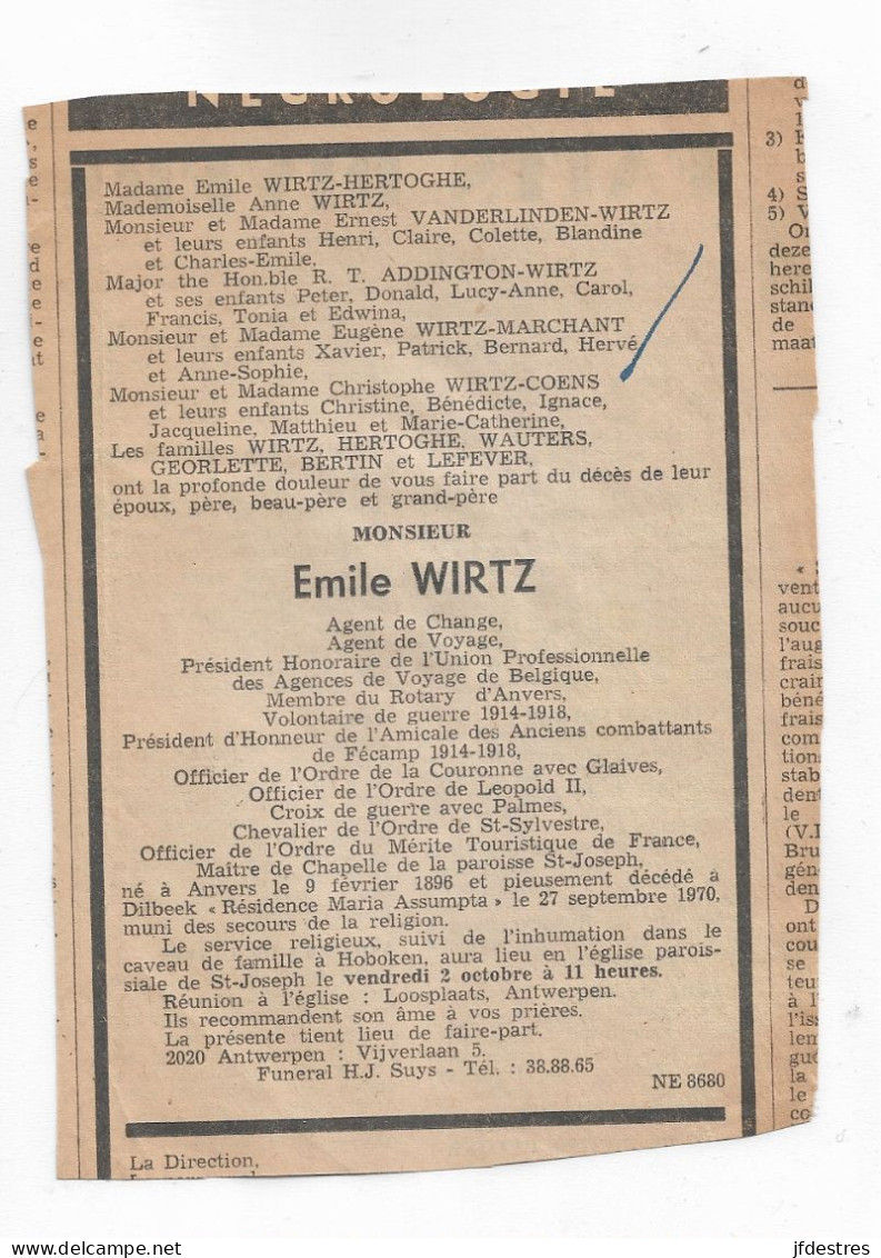 FP Nécrologie Emile Wirtz - Hertogue Dilbeek 1970 Agence De Voyage - Ex Libris