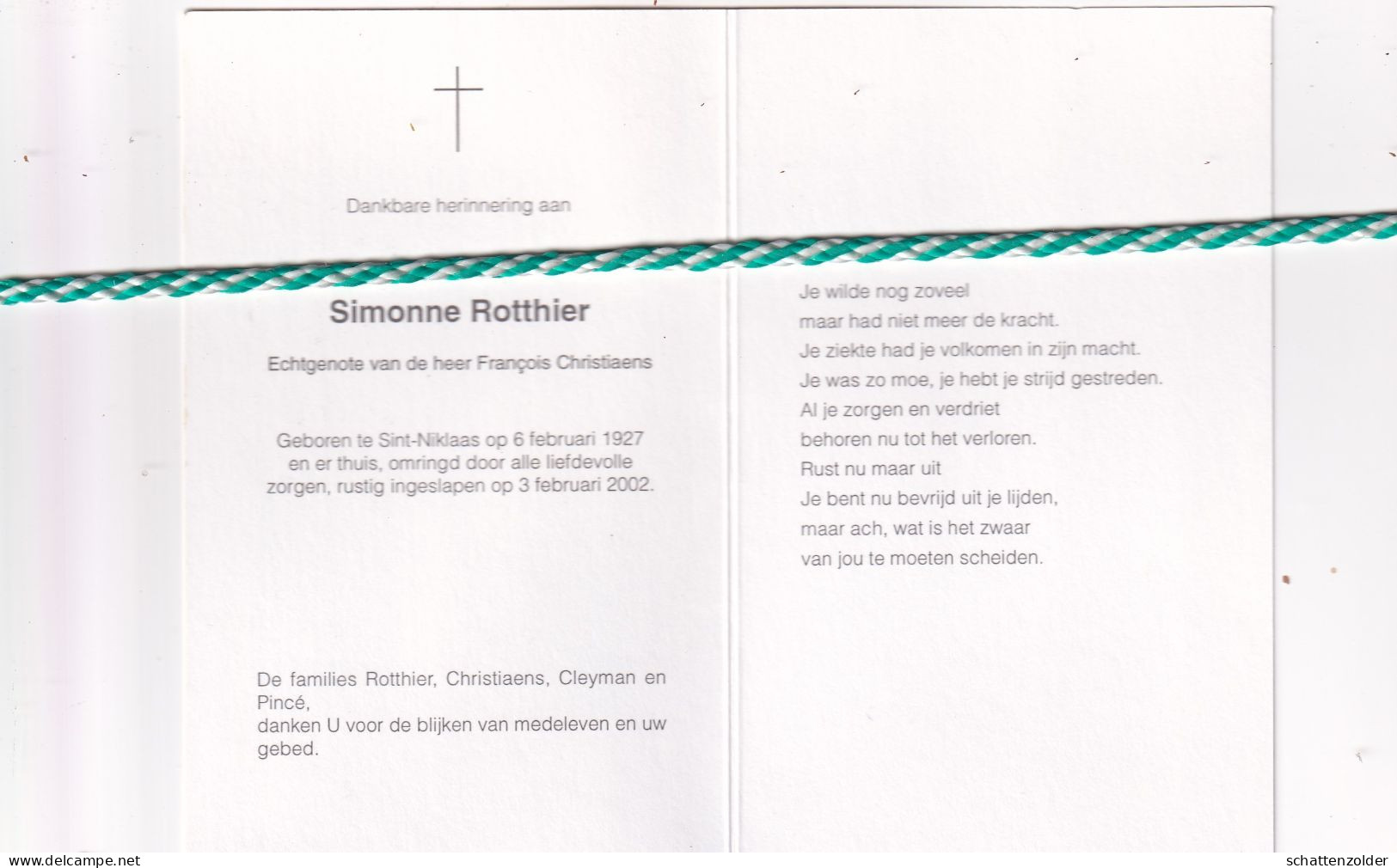 Simonne Rotthier-Christiaens, Sint-Niklaas 1927, 2002. Foto - Décès