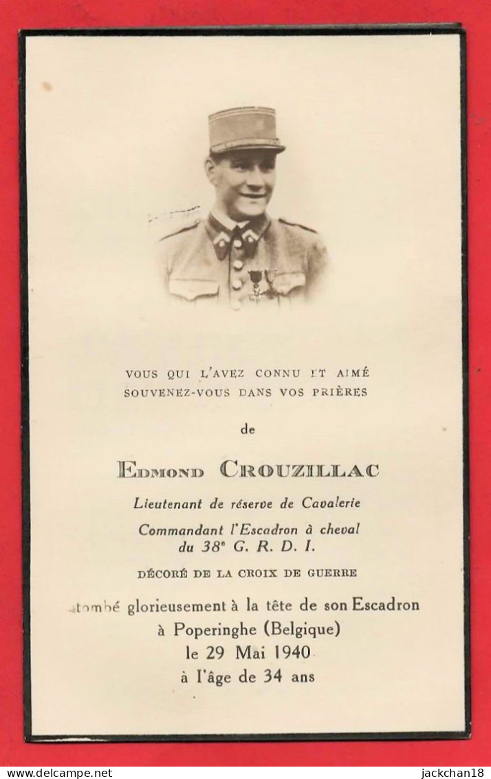 -- SOUVENIR MORTUAIRE  De EDMOND CROUZILLAC / TOMBE GLORIEUSEMENT à POPERINGHE (Belgique) Le 29 Mai 1940 -- - Images Religieuses