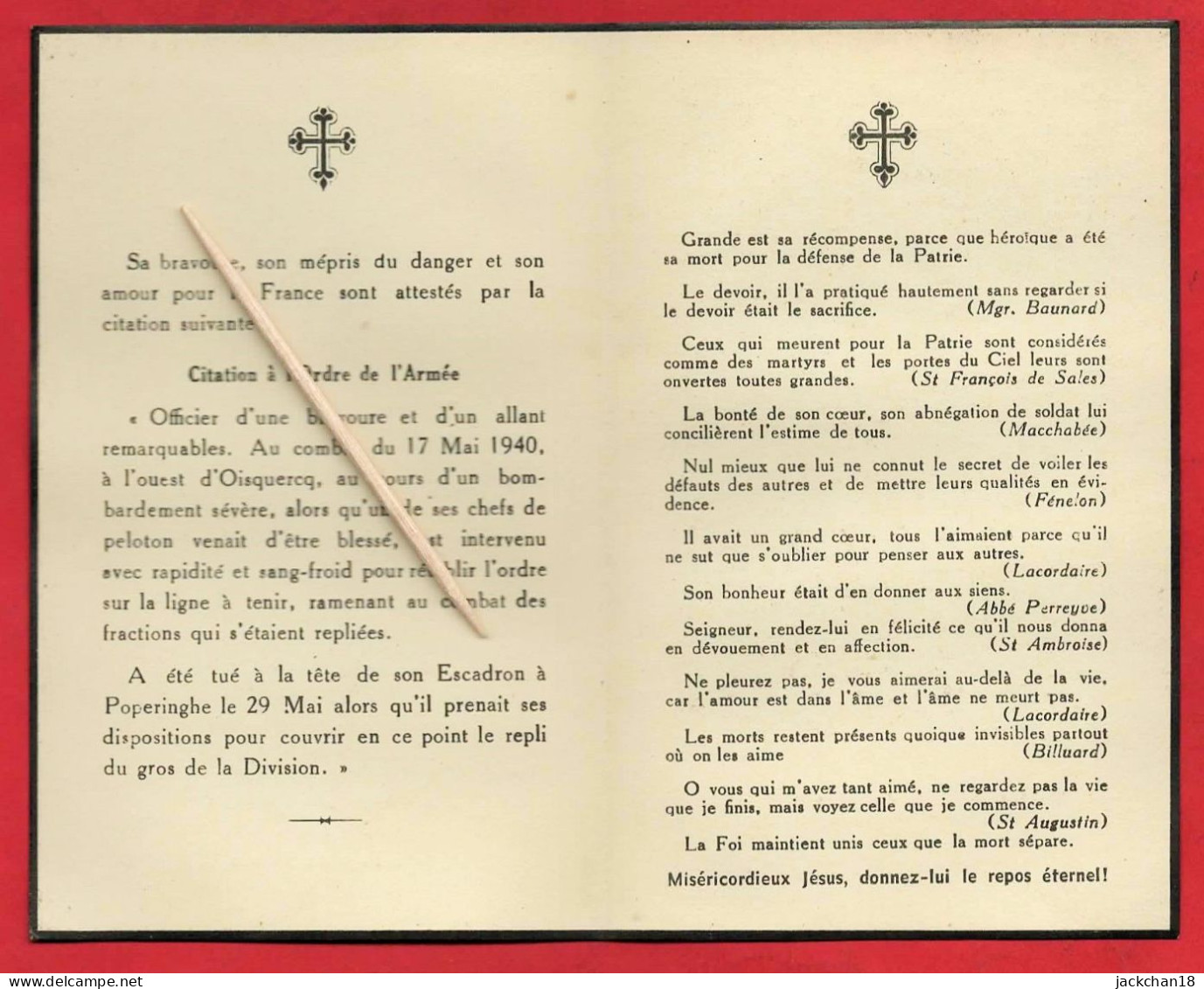 -- SOUVENIR MORTUAIRE  De EDMOND CROUZILLAC / TOMBE GLORIEUSEMENT à POPERINGHE (Belgique) Le 29 Mai 1940 -- - Images Religieuses