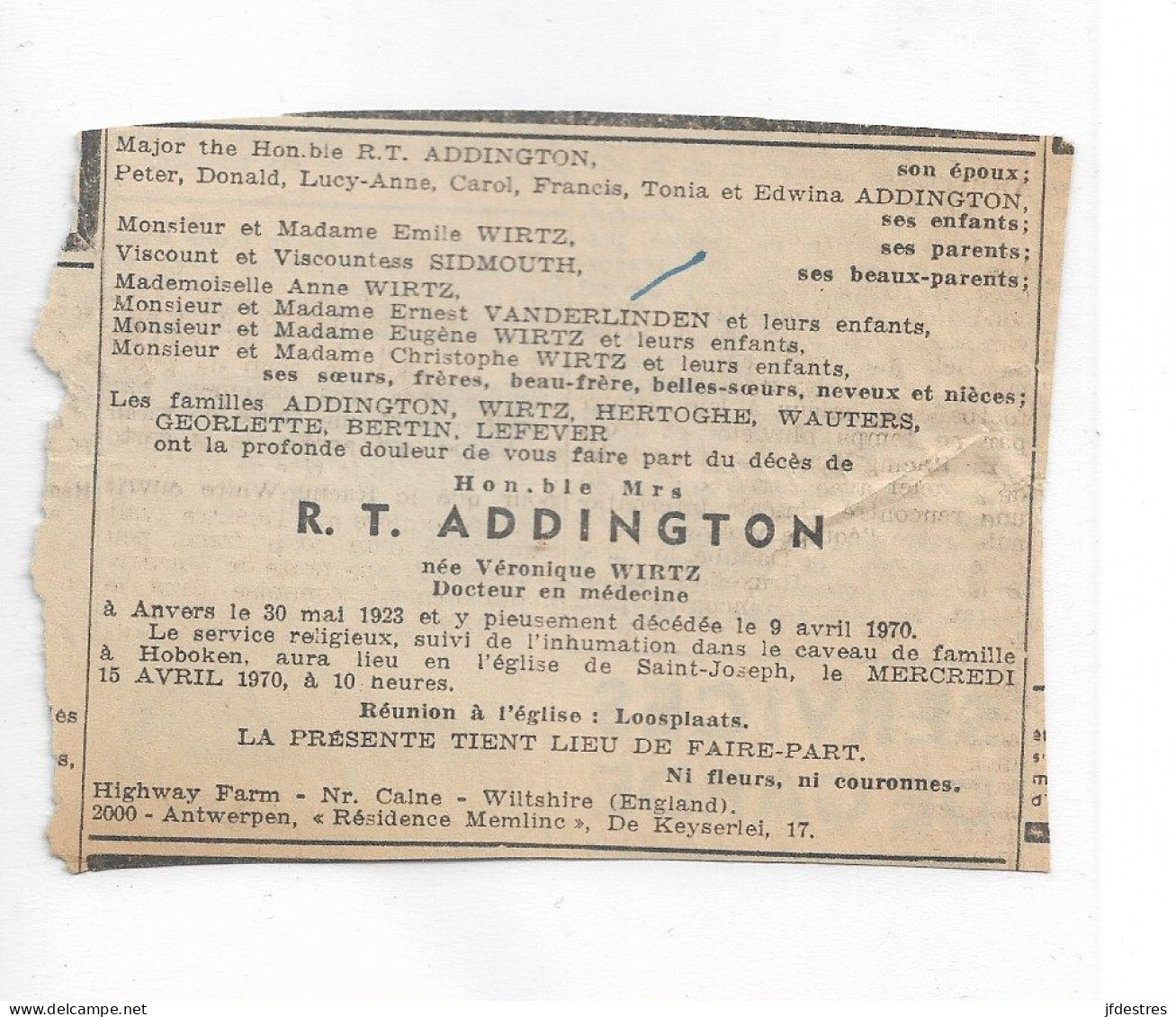 FP Nécrologie Véronique Wirtz épse R.T. Addington Anvers 1970 - Obituary Notices