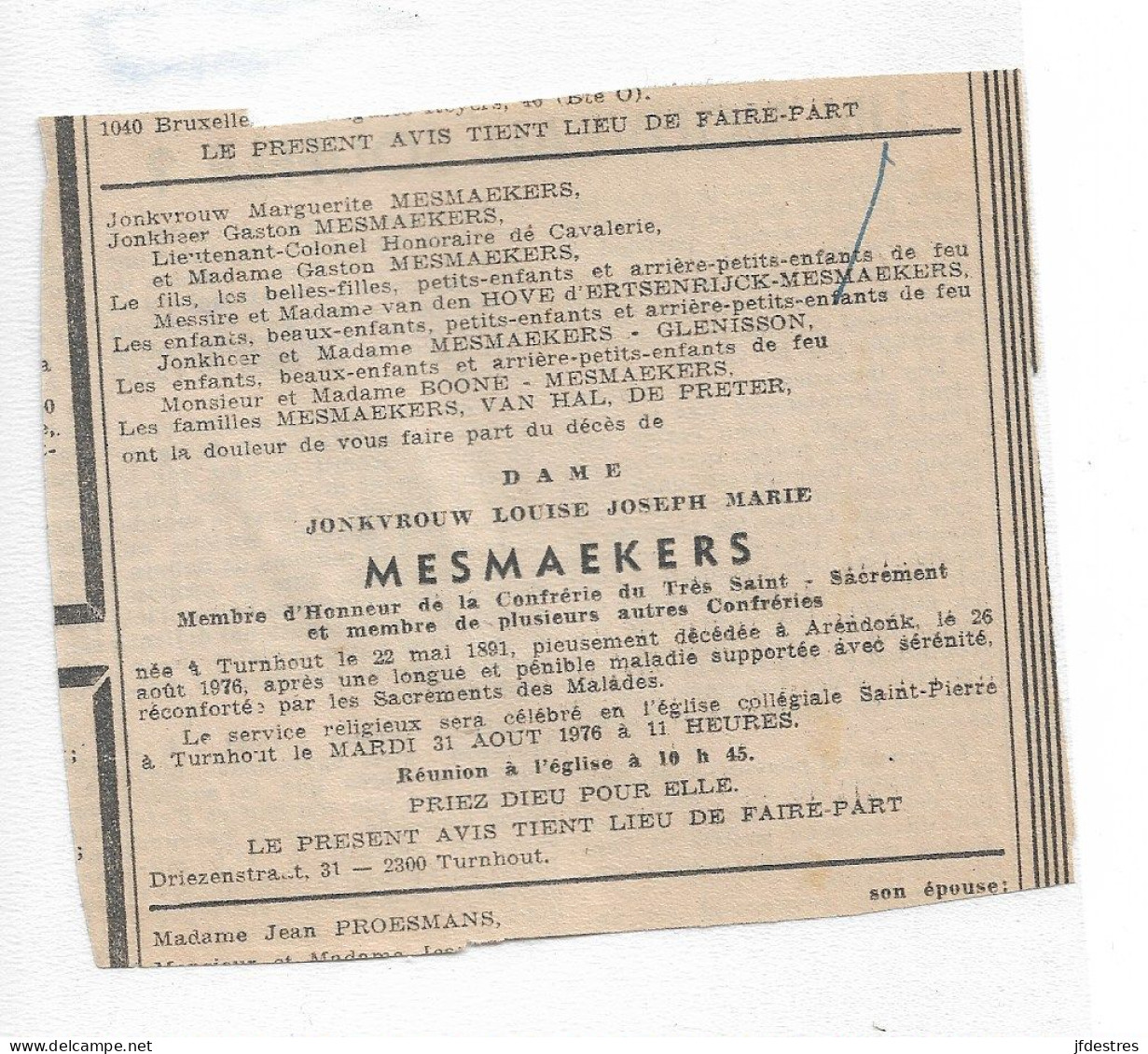 FP Nécrologie Louise Mesmaekers Arendonk 1976 - Obituary Notices