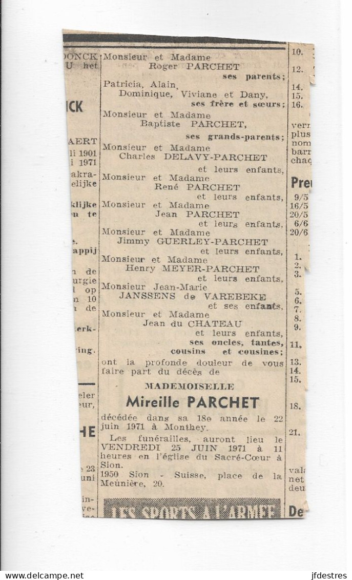 FP Nécrologie Mireille Parchet Monthey 1971 - Obituary Notices