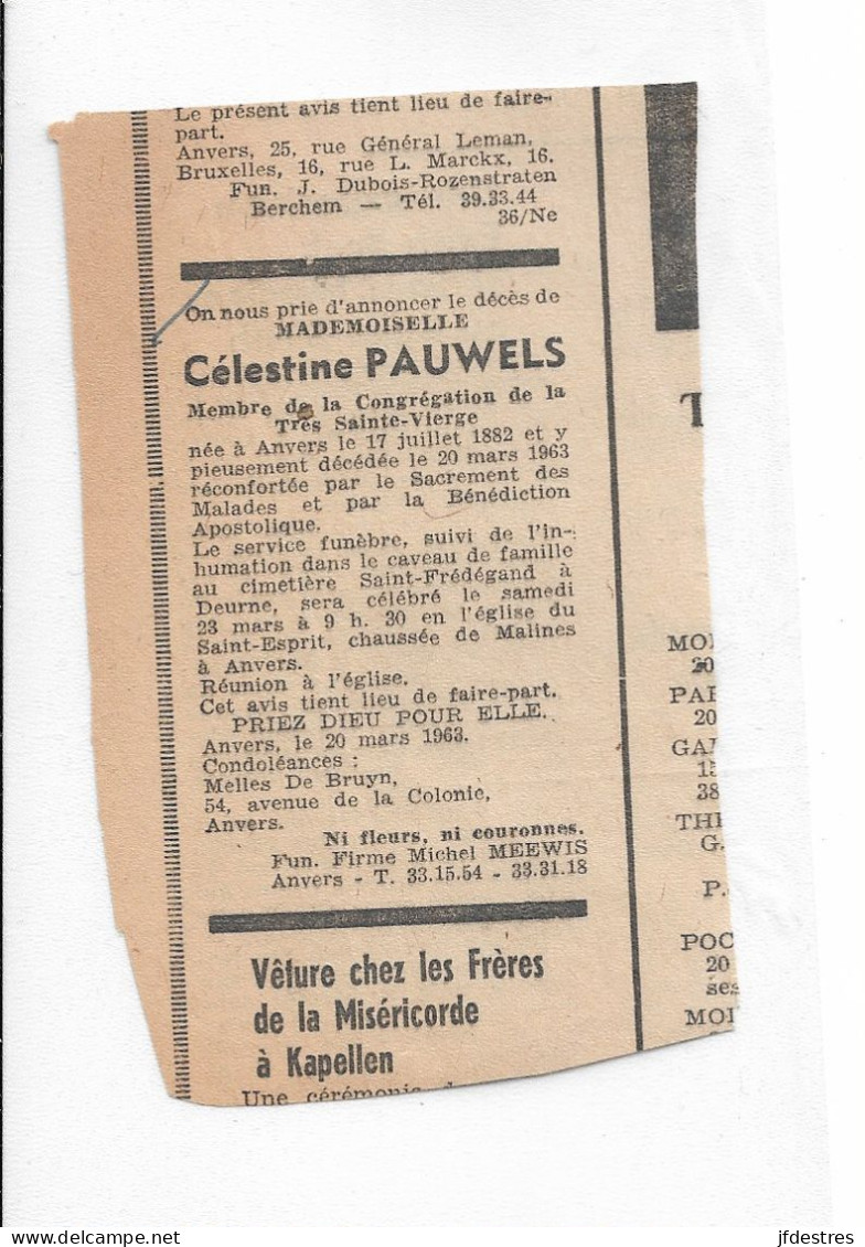 FP Nécrologie Célestine Pauwels Anvers 1963 - Décès