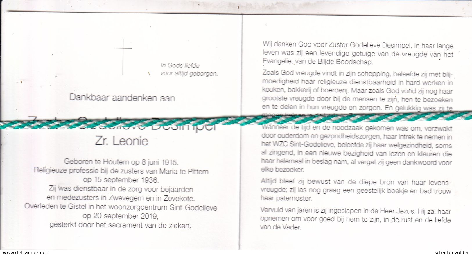 Zuster Leonie (Godelieve Desimpel), Houtem 1915, Gistel 2019. Honderdjarige; Foto - Obituary Notices