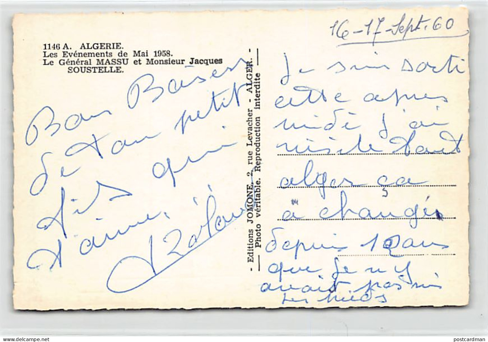 Algérie - Les évènements De Mai 1958 à Alger - Le Général Massu Et Monsieur Jacques Soustelle - Ed. Jomone 1146A - Algiers