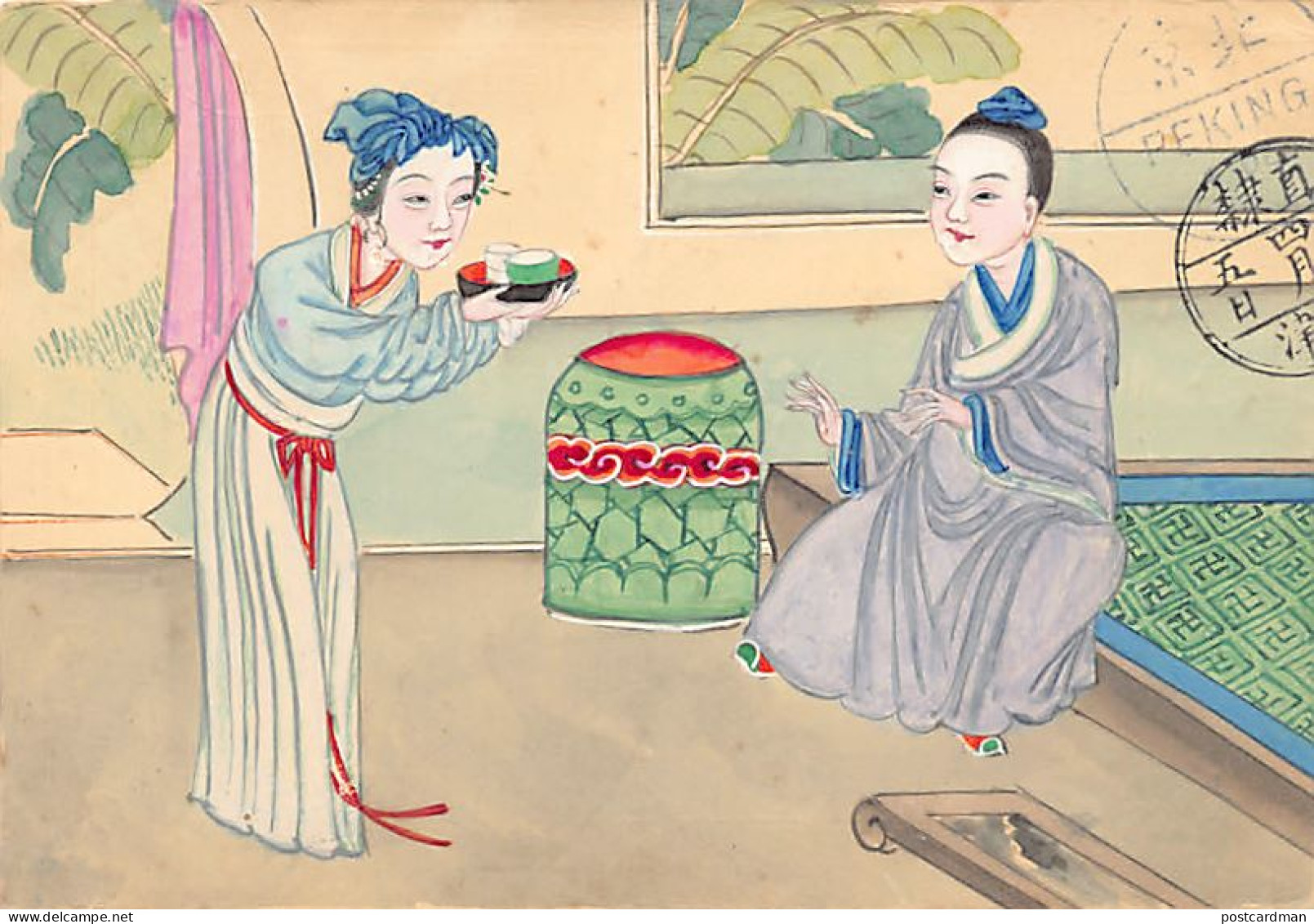 China - Chinese Ladies - The Cup Of Tea - HANDPAINTED POSTCARD - Publ. Postal Stationery Chinese Imperial Post  1 Cent - Chine