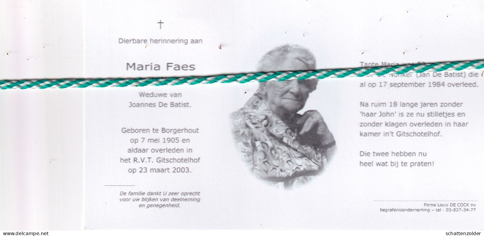 Maria Faes-De Batist, Borgerhout 1905, 2003. Foto - Décès